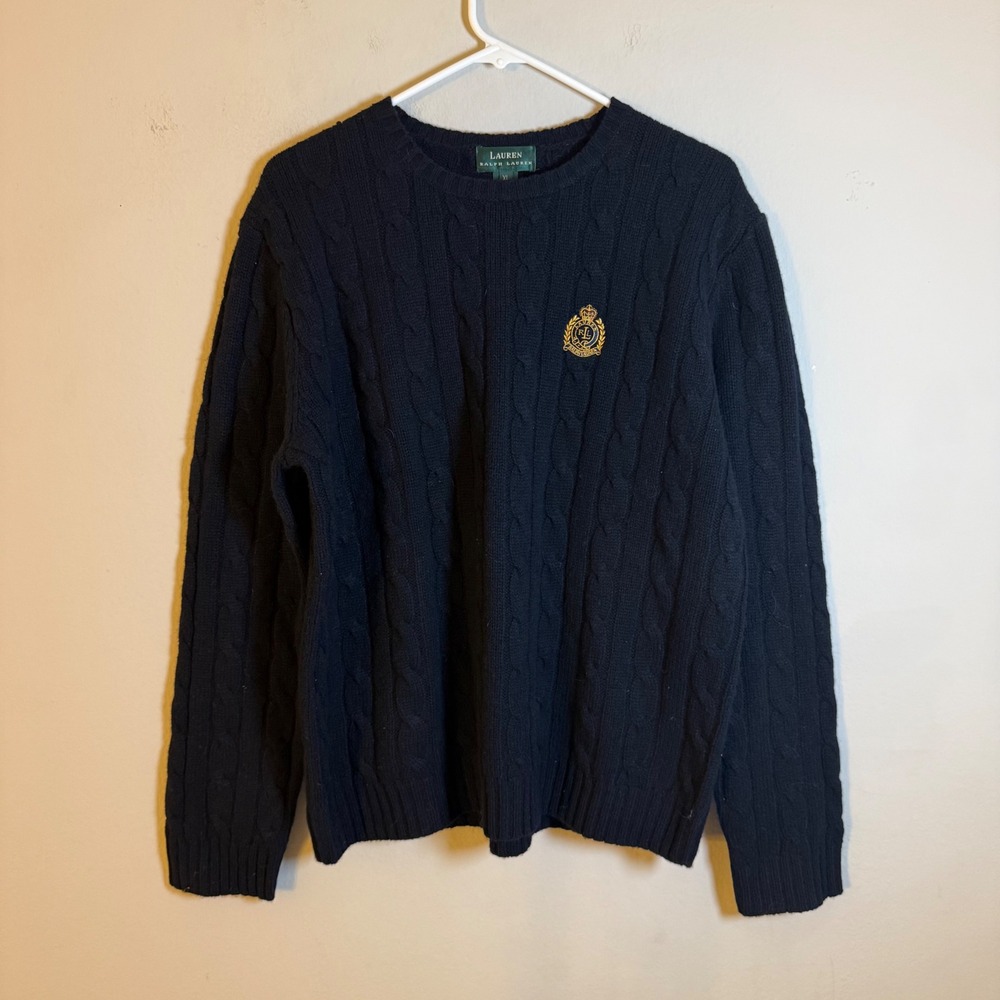 Lauren Ralph Lauren Mens XL Navy Blue 100% Lambswool Cable Knit Crest Sweater